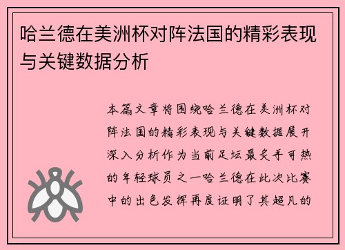 哈兰德在美洲杯对阵法国的精彩表现与关键数据分析